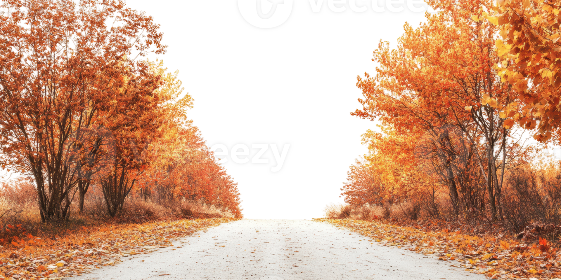 Autumn road lined with vibrant orange trees, cut out - stock . png