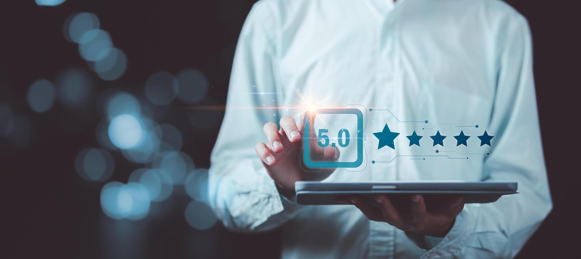 Male consumers rate their satisfaction and rate and review them online. Customer Experience Survey Concepts for Services and Products and Customer Engagement ,Quality Assessment ,positive marketing photo