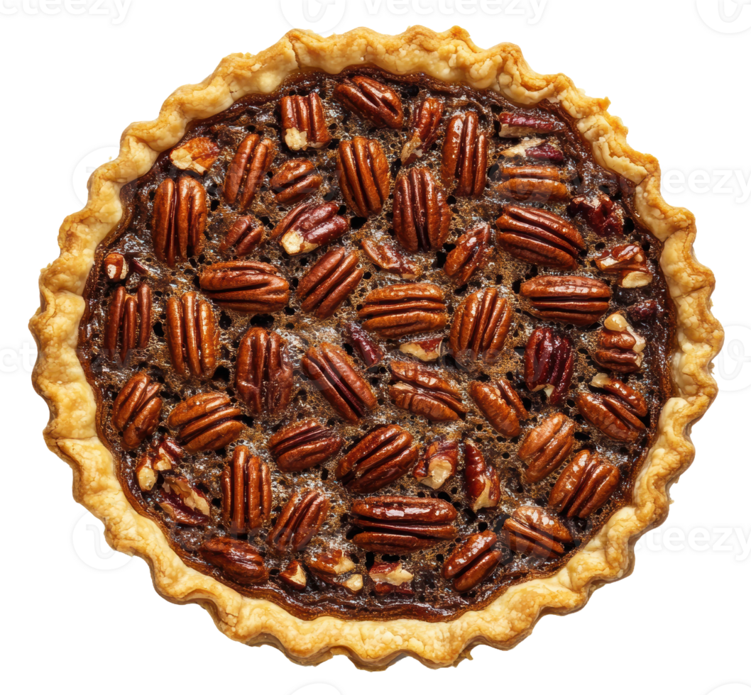 Pecan pie with caramel glaze on a wooden table, cut out - stock . png