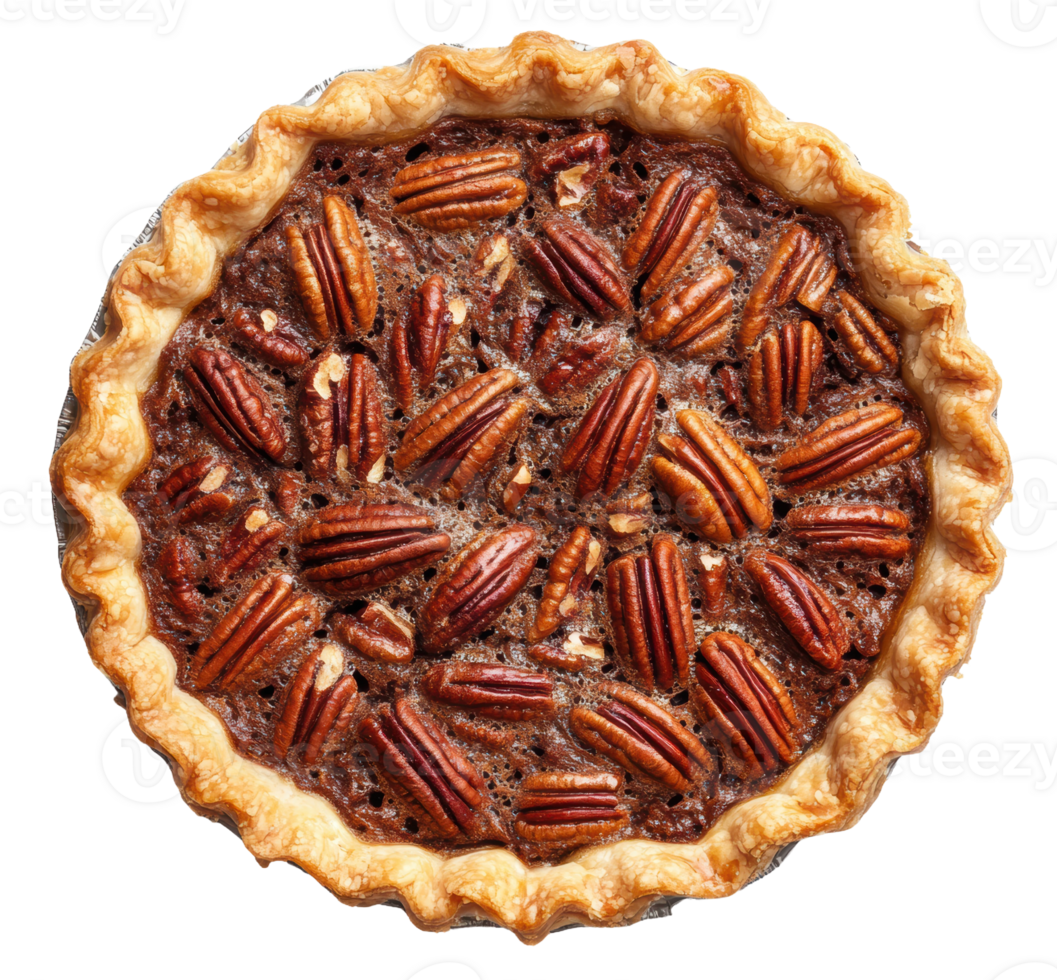 Homemade pecan pie with golden crust on display, cut out - stock . png