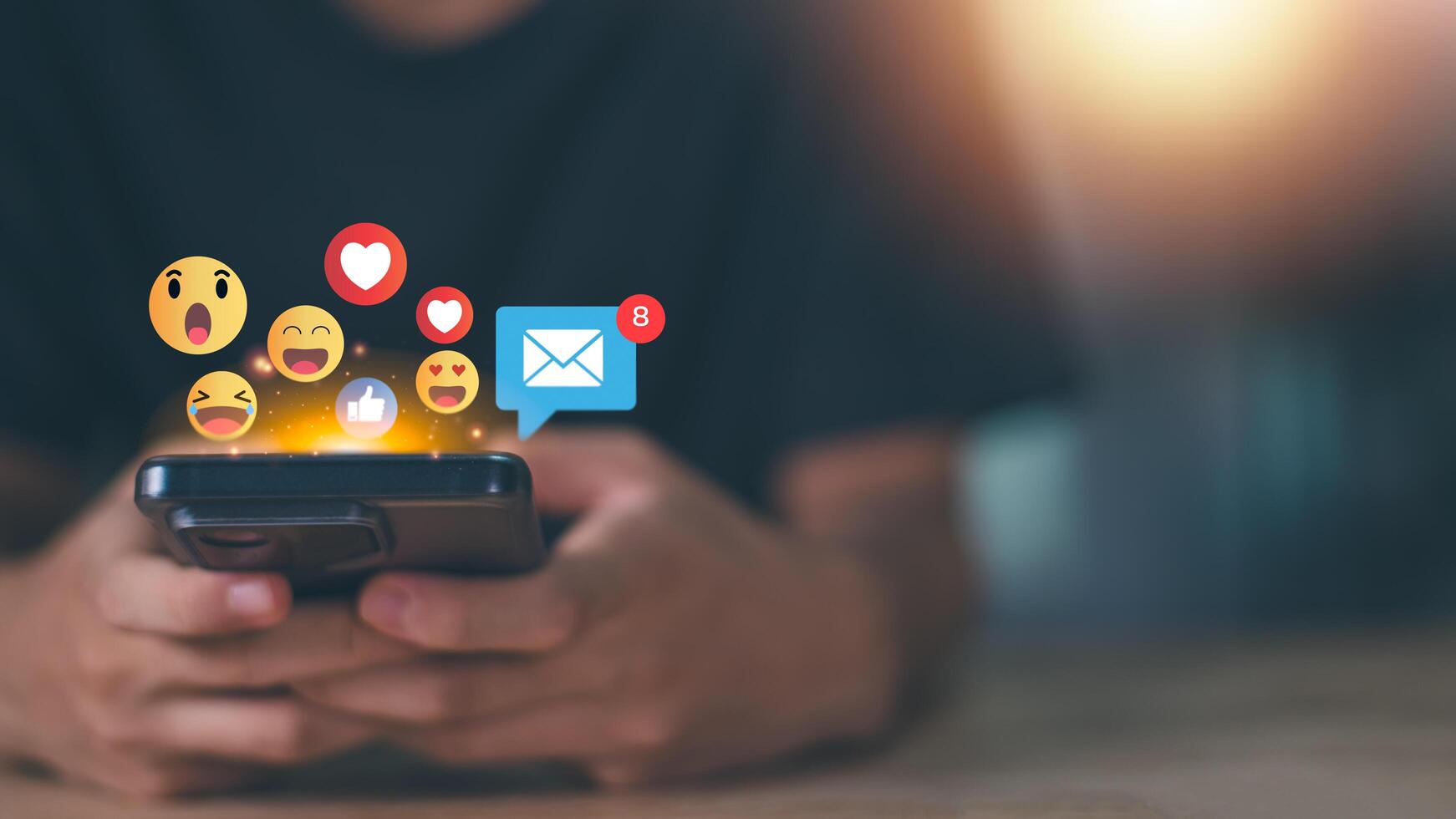 Using social media via smartphone ,internet of things, network icon connection, social marketing, digital online ,information technology ,Talking communicating using symbols and expressing feelings photo