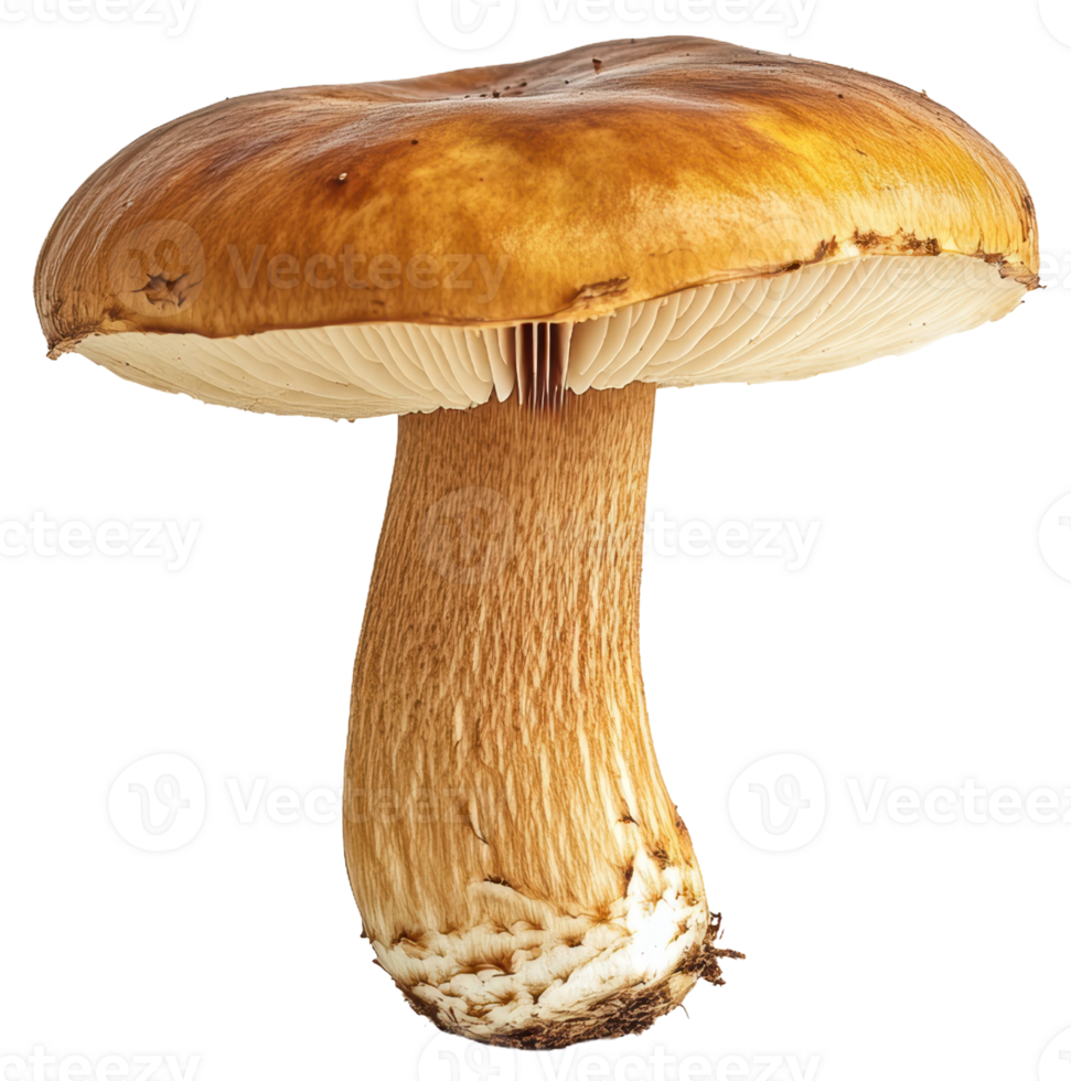 Brown mushroom with a thick stem and wide cap, cut out - stock . png