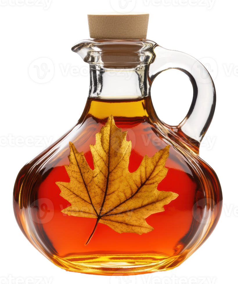 Maple syrup in a glass bottle with a leaf, cut out - stock . png