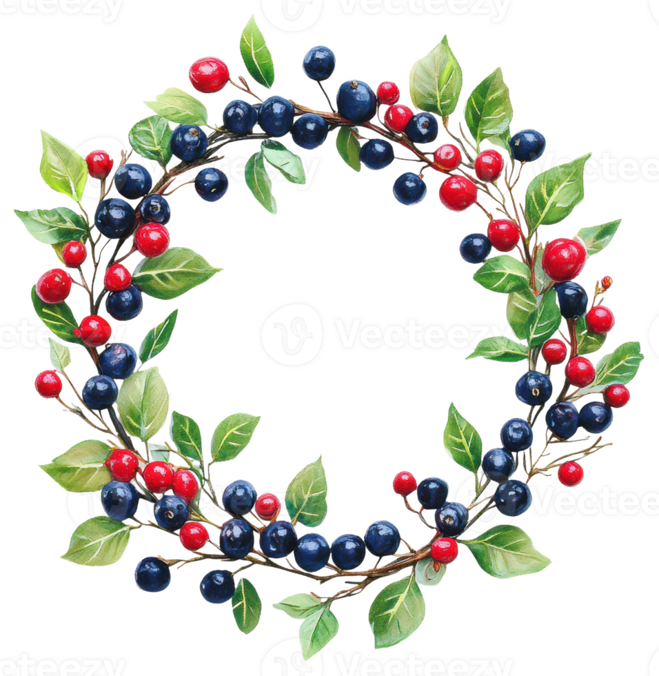 Vibrant berry wreath with leaves in autumn colors, cut out - stock . png