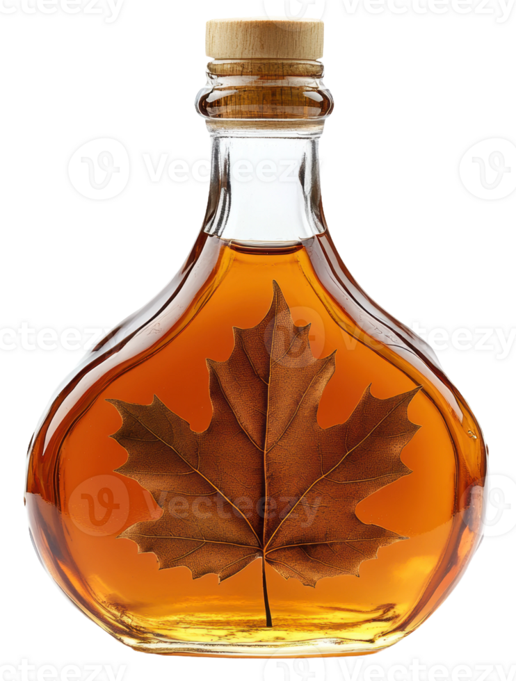 Maple leaf bottle containing syrup from Canada, cut out - stock . png