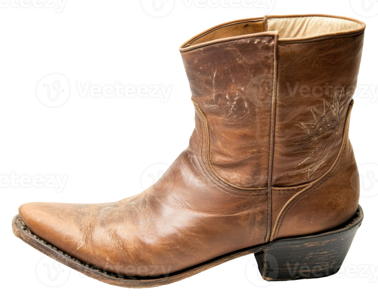 Vintage brown leather cowboy boot displayed alone, cut out - stock . png