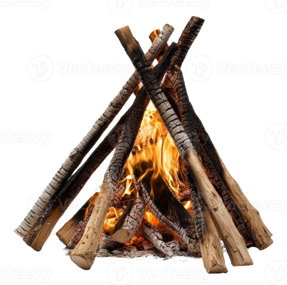 Campfire burning brightly at night, cut out - stock . png