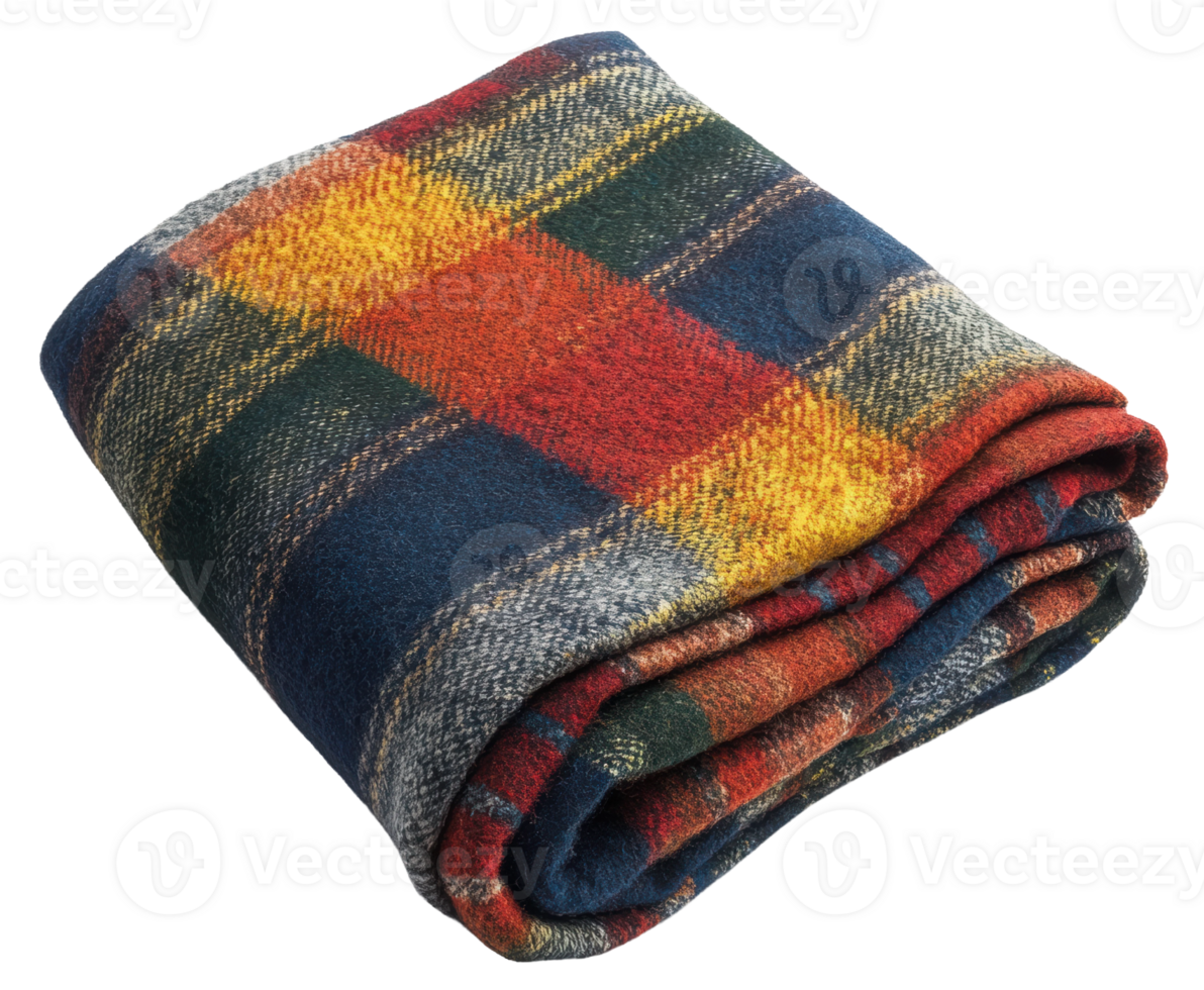 Cozy plaid blanket folded on a table, cut out - stock . png