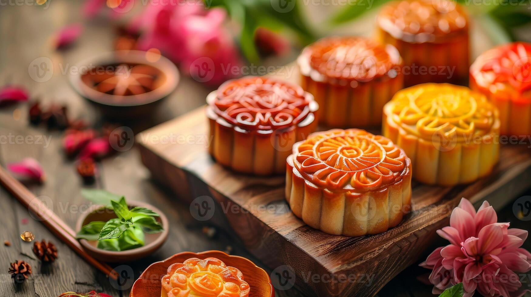 Variety of mooncakes on wooden board with flowers. Traditional Chinese pastries, Mid-Autumn Festival photo