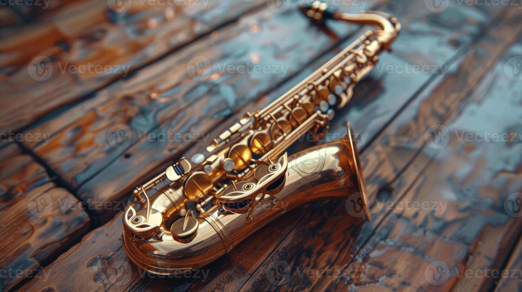 The shiny golden saxophone showcases its intricate keys and curves, warm wooden backdrop, jazz music photo