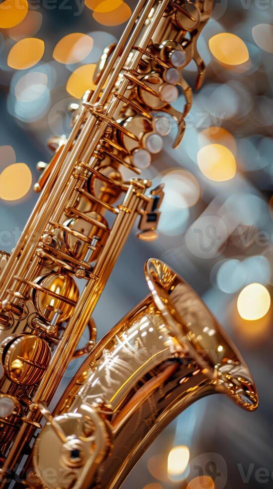 The gleaming golden saxophone reflects warm lights, bokeh background. Jazz music. Vertical banner photo