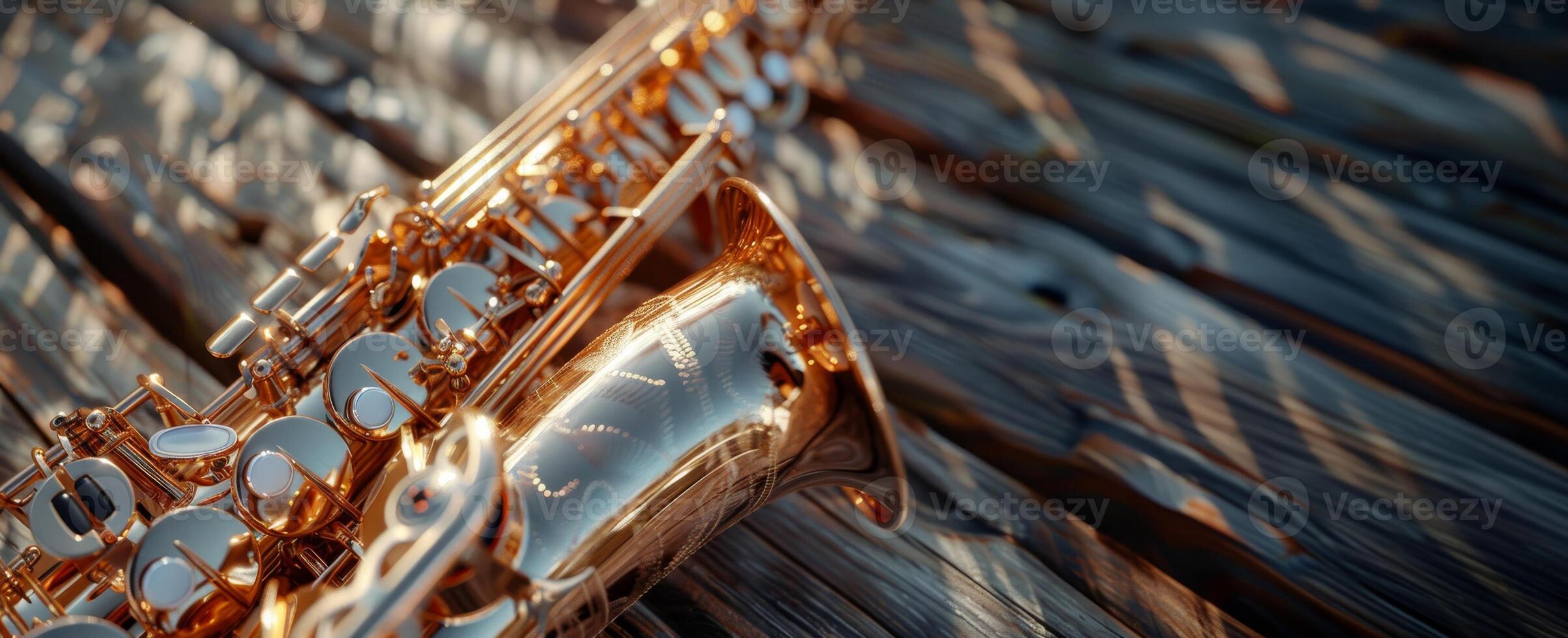 Close-up of a shiny saxophone on wooden surface. Jazz music instrument. Wide banner with copy space photo