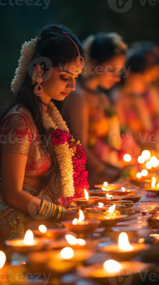 Devotees worshiping Goddess Lakshmi, traditional Diwali ritual, adorned altar with lamps and flowers photo