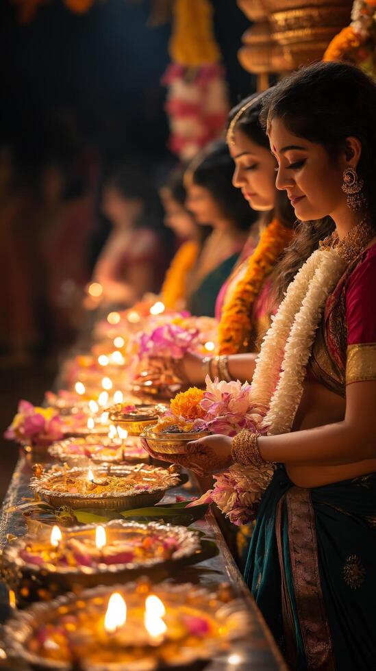Devotees worshiping Goddess Lakshmi, traditional Diwali ritual, adorned altar with lamps and flowers photo
