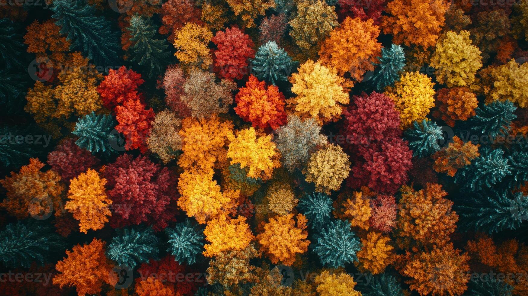 Aerial drone view of a dense forest in autumn with a patchwork of colorful leaves as natural mosaic photo