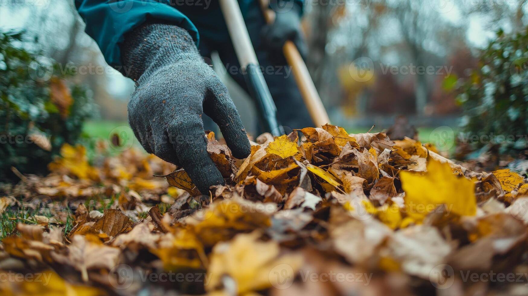 A person in gloves picking up fallen leaves from the ground with a rake. Yard work. Fall season photo