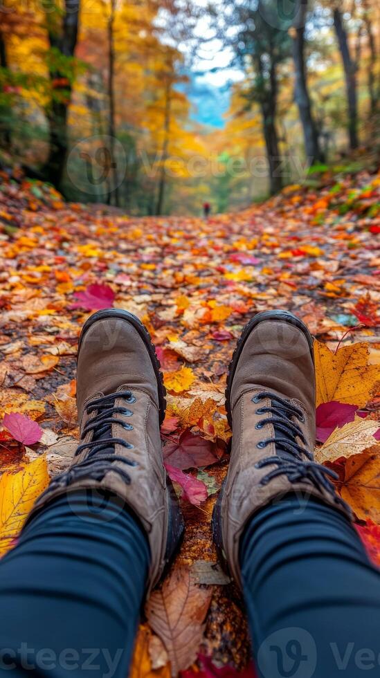 View from first person perspective of legs in boots on path covered in autumn leaves. Fall, vertical photo