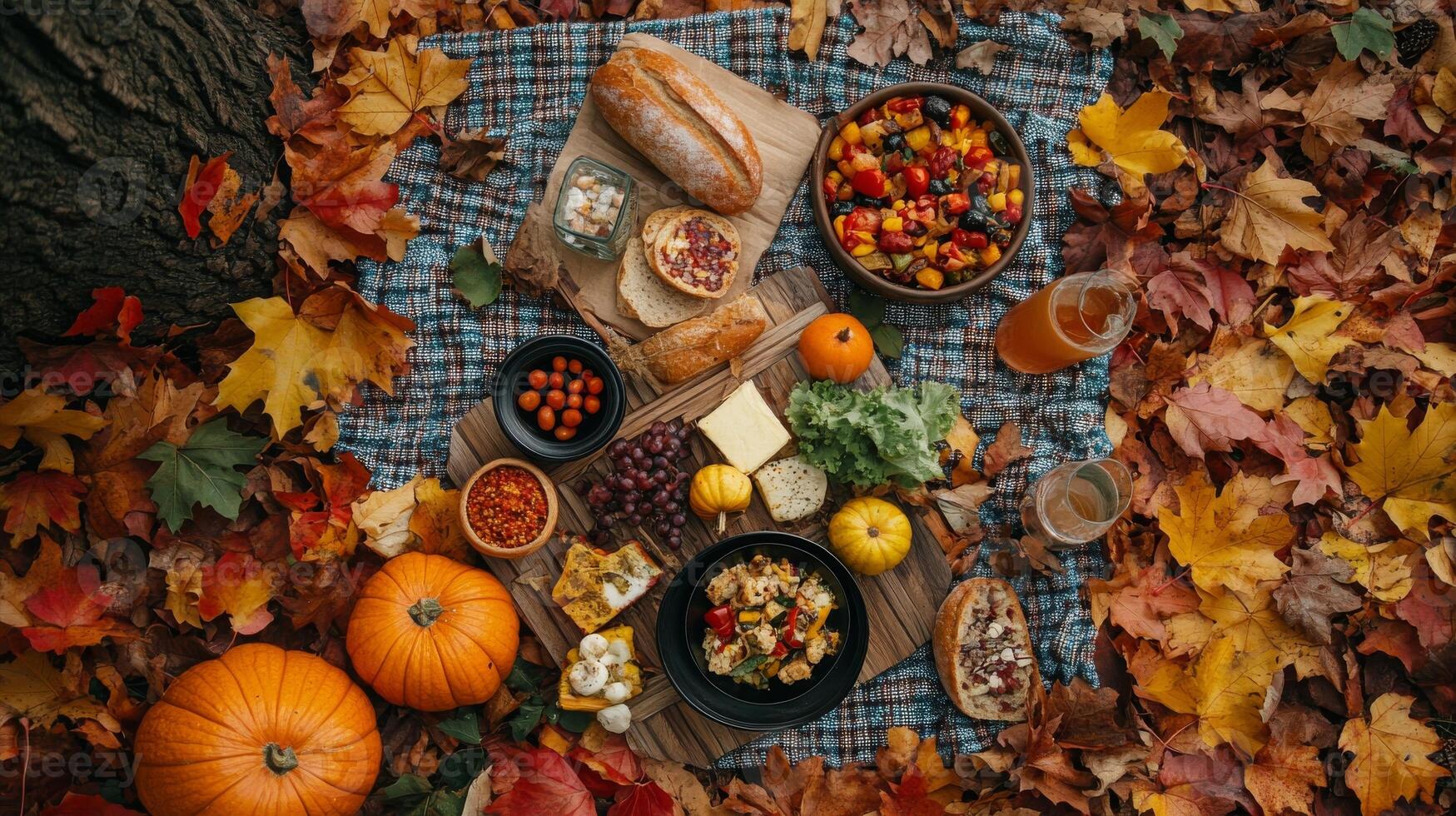 View from above of a picnic blanket with food and drinks, surrounded by fallen autumn leaves. Fall photo