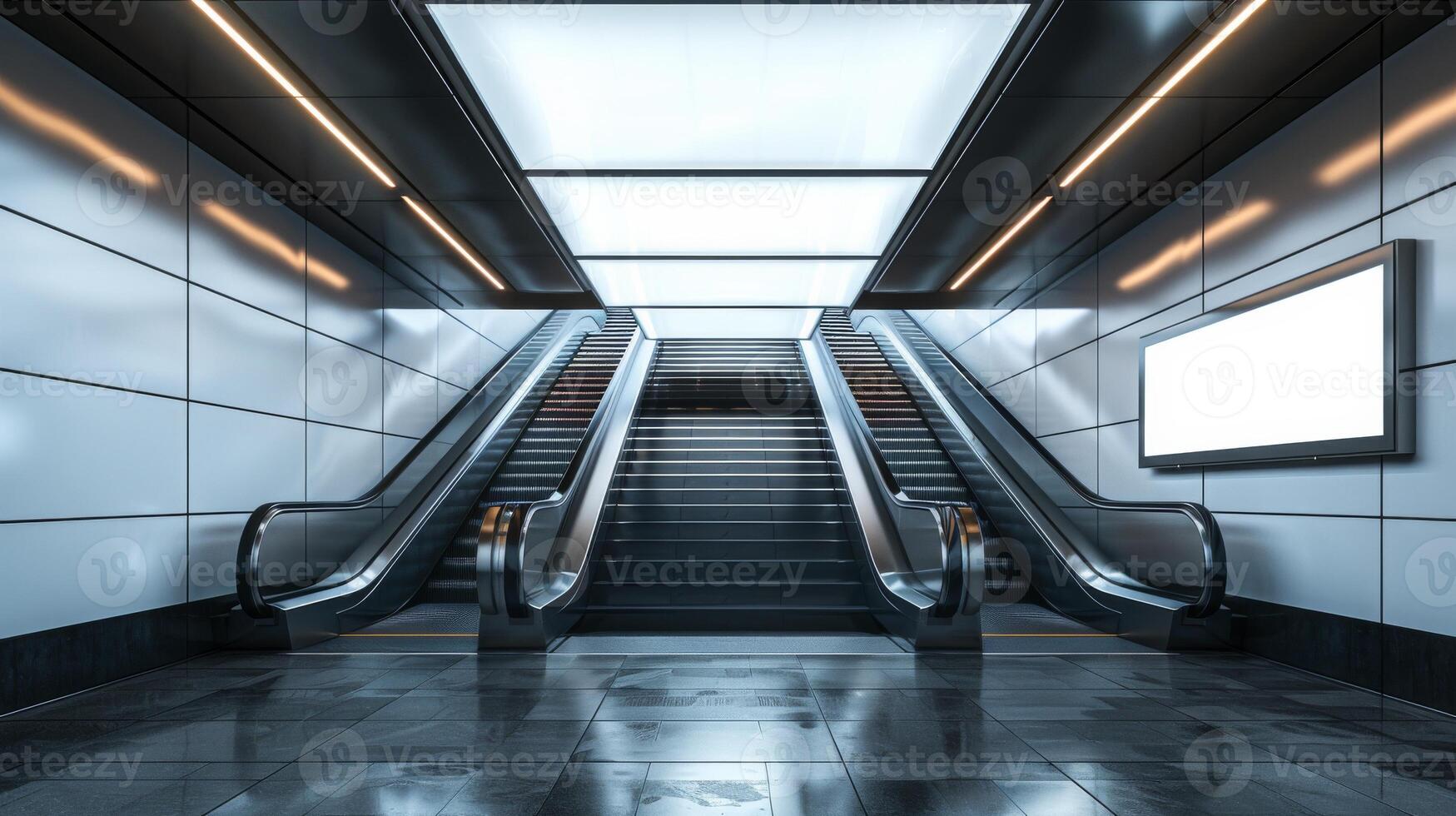 Modern subway metro station, two escalators and a blank advertising billboard mockup for promotions photo