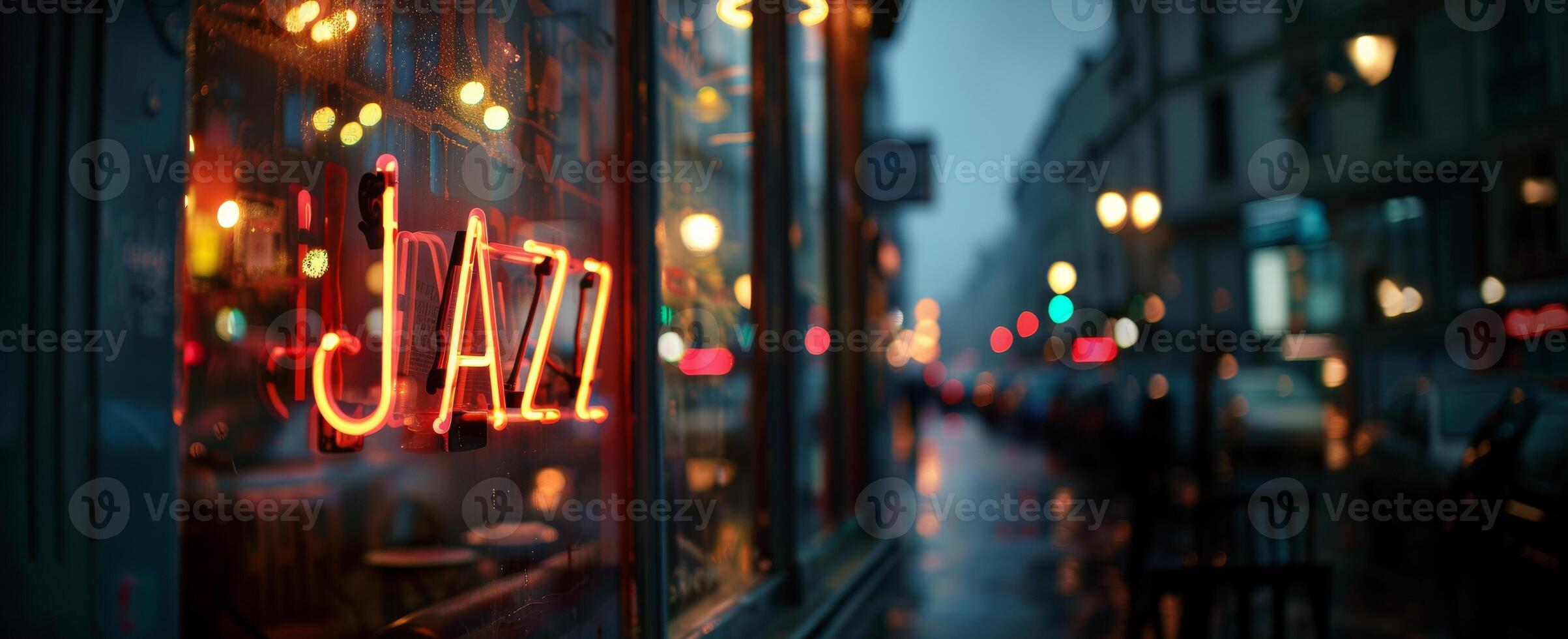 A neon Jazz sign brightens window of a cozy bar. Evening autumn outside. Copy space, wide banner photo