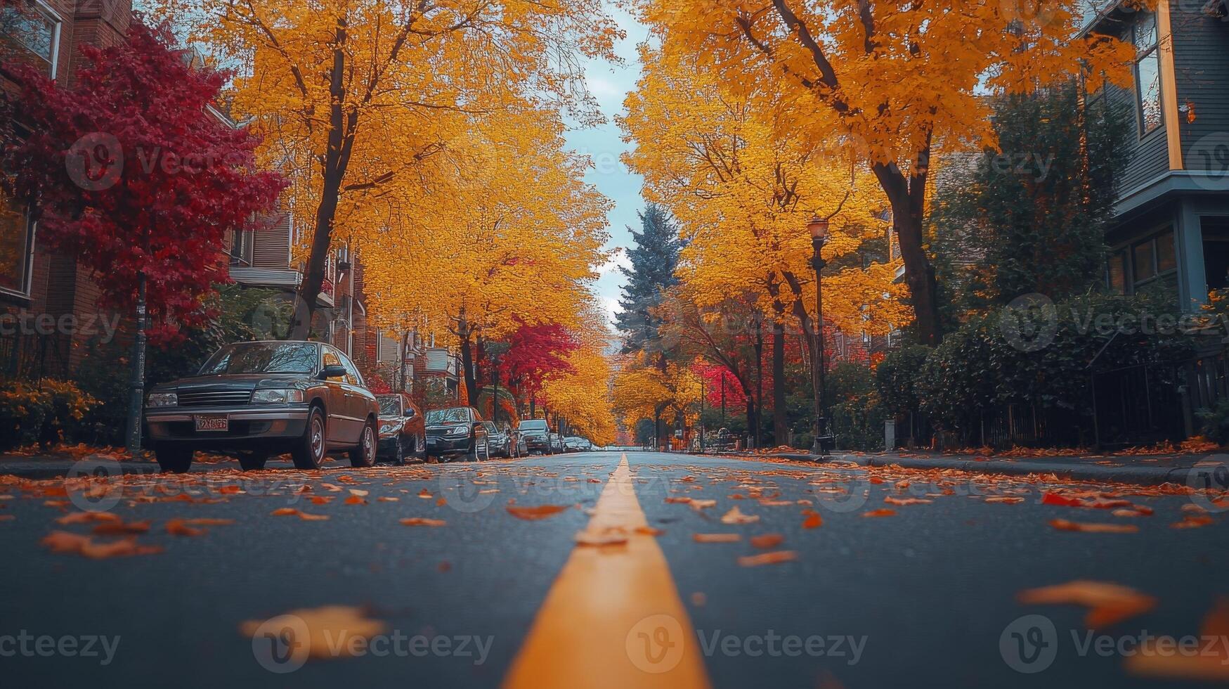 First person perspective of walking on an autumn street lined with yellow trees. Fall season, PoV photo