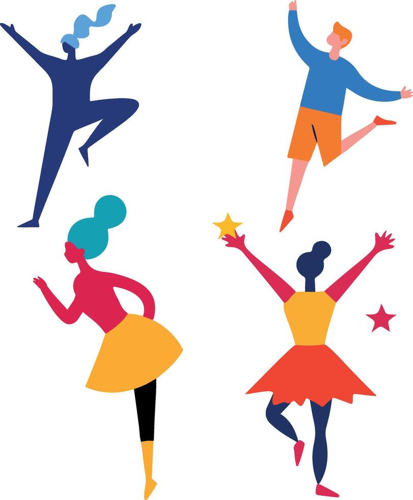 Four women and a man are dancing and jumping in the air vector