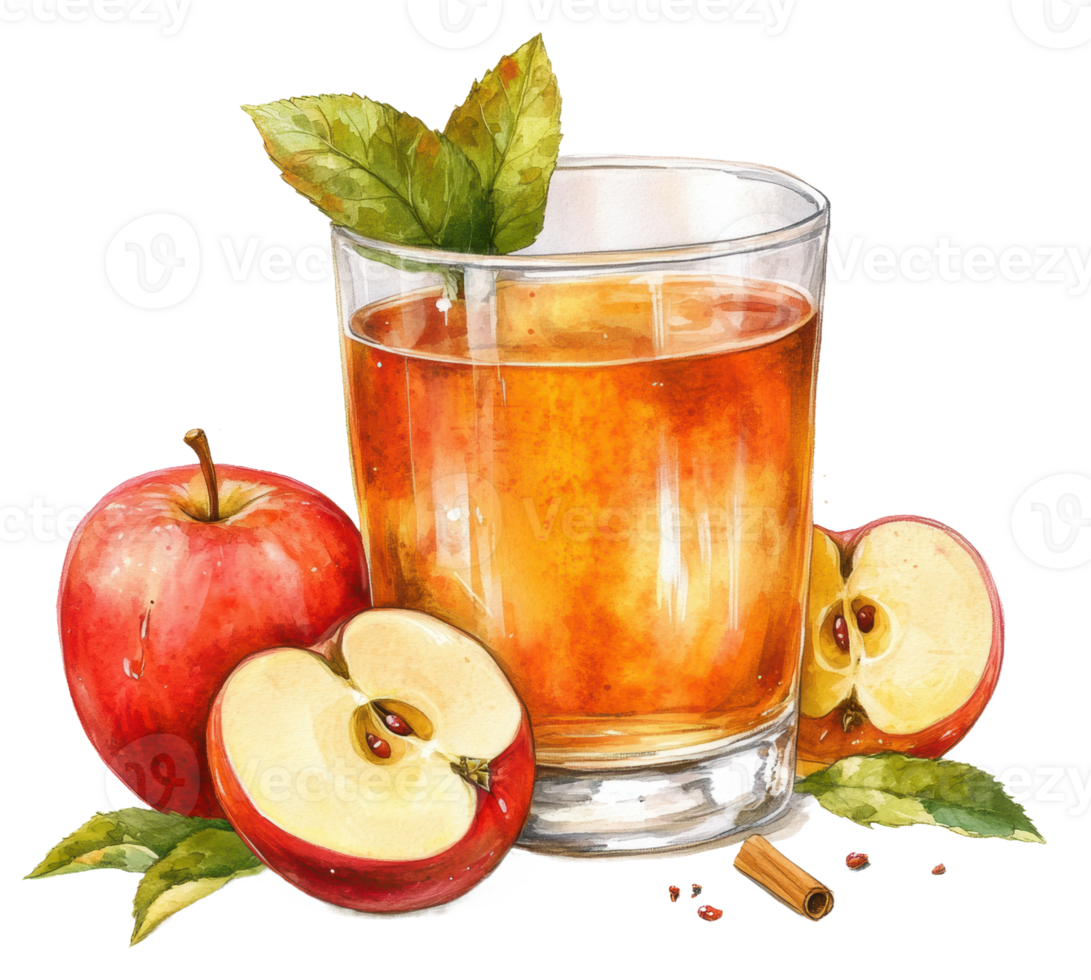 Fresh apple juice with red apples and leaves, cut out - stock . png