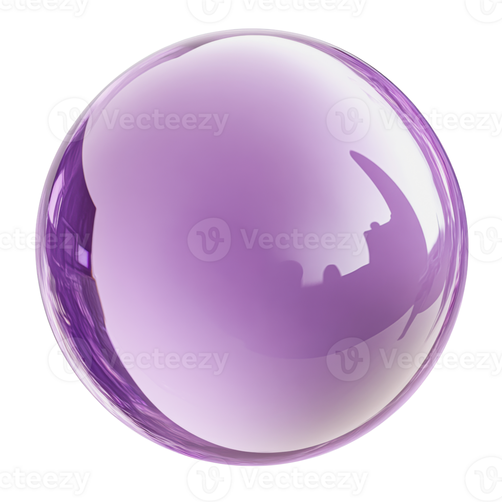 Purple glass sphere on a reflective surface png