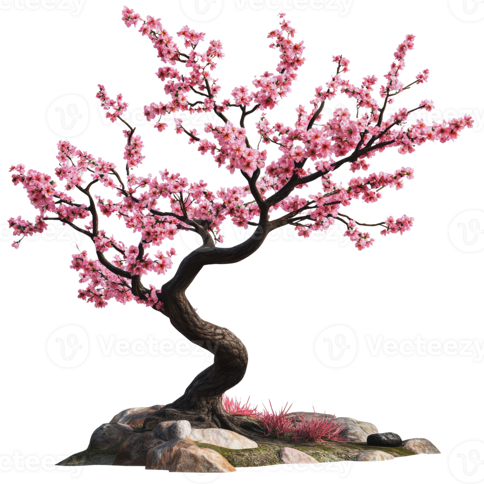 Cherry blossom tree in full bloom on rocks png