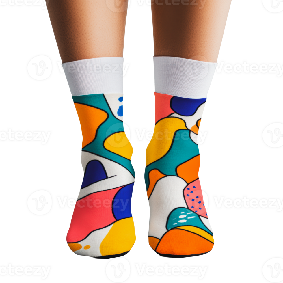 Colorful patterned socks worn on feet indoors png