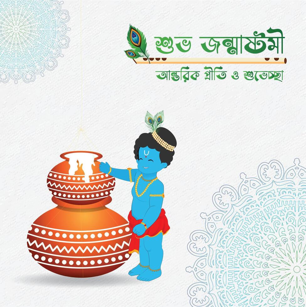 Happy Janmashtami festival celebration banner with background and Bengali text vector