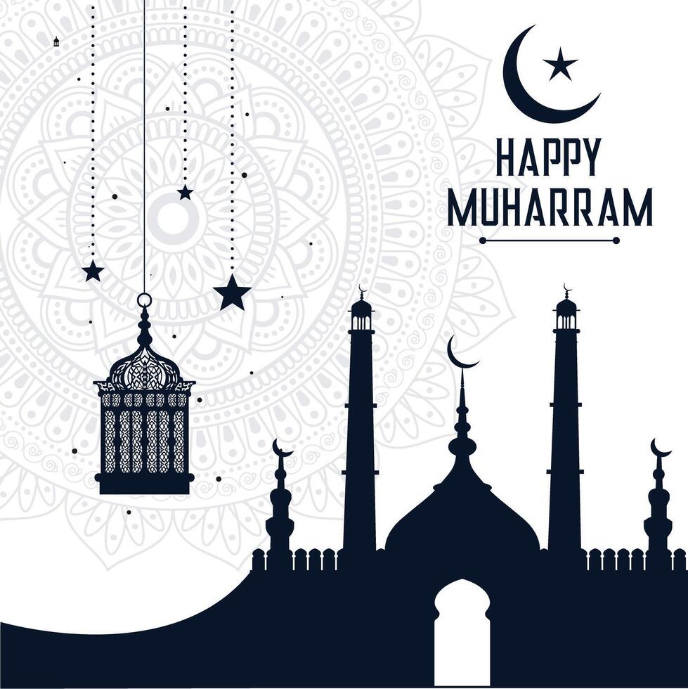 Happy Moharram poster design with mandala and lanterns background vector