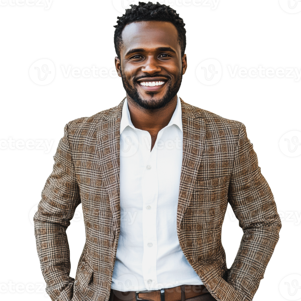 Confident man in checkered blazer smiles png