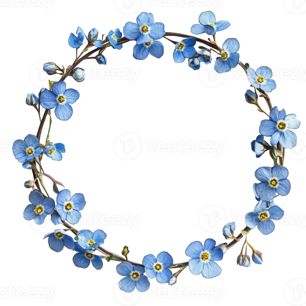 Blue flowers arranged in a circular wreath png
