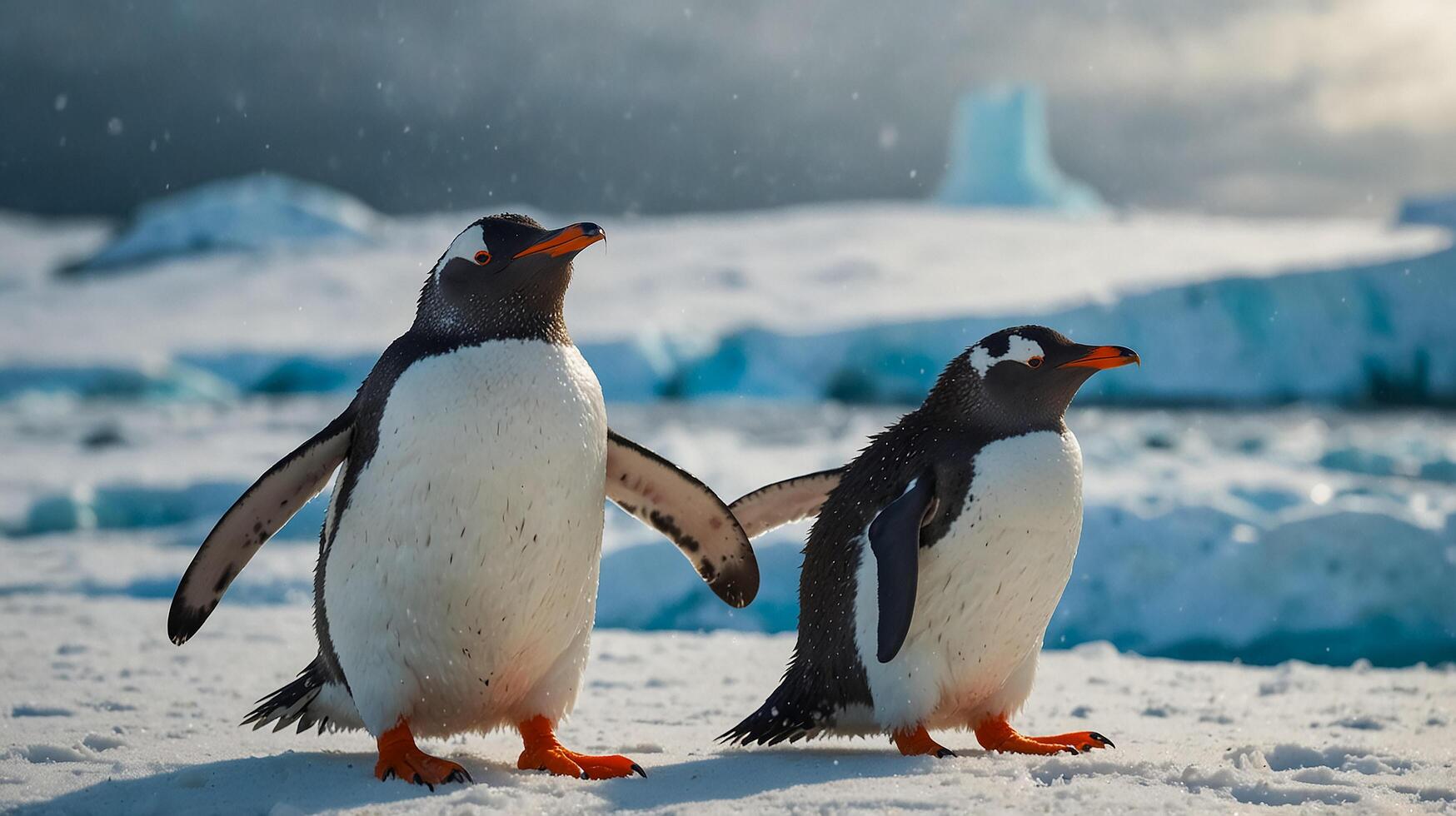 Penguins walking in the snow The background is an iceberg. photo