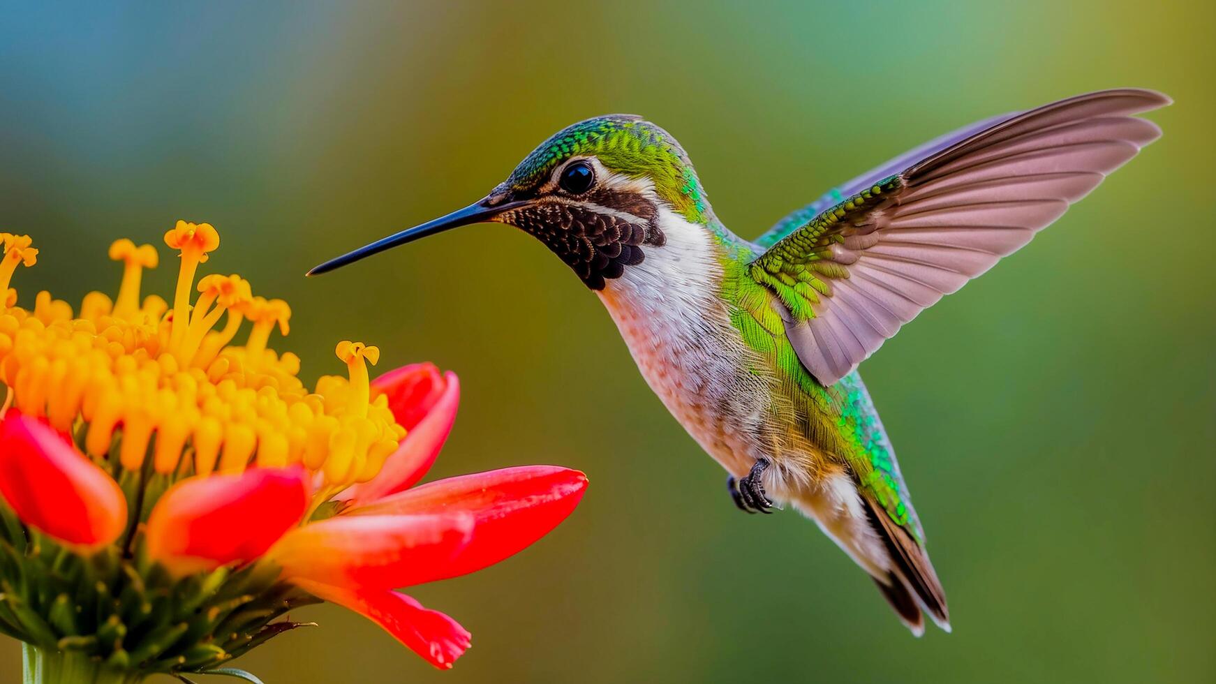 Beautiful colorful hummingbirds feeding on flower nectar. photo