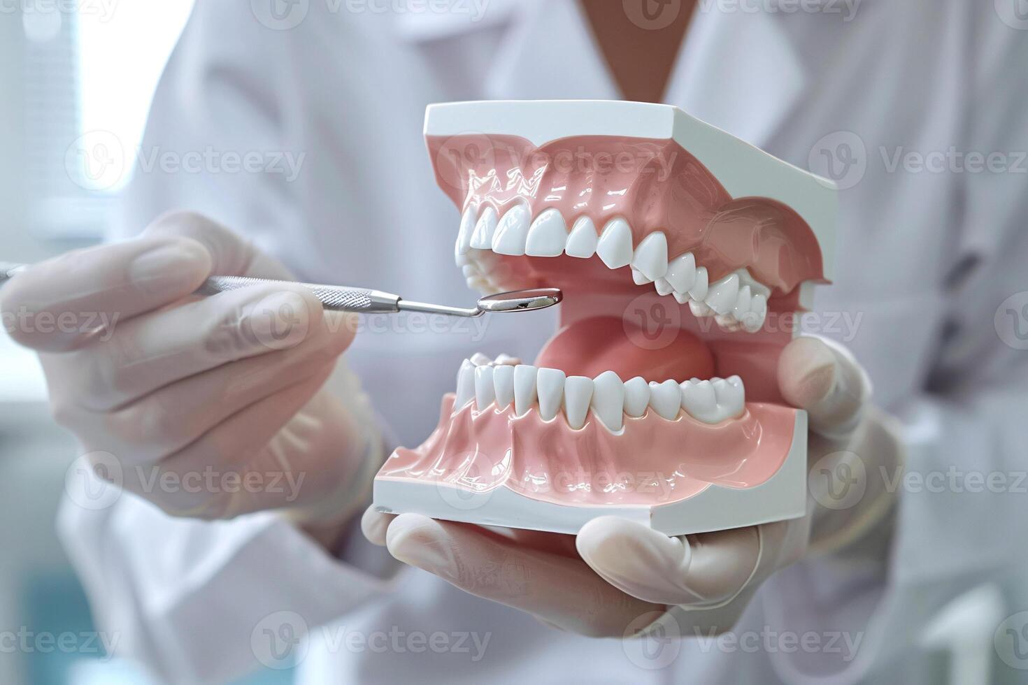 Dentist demonstrating proper brushing technique to elderly patient using oversized model teeth by photo