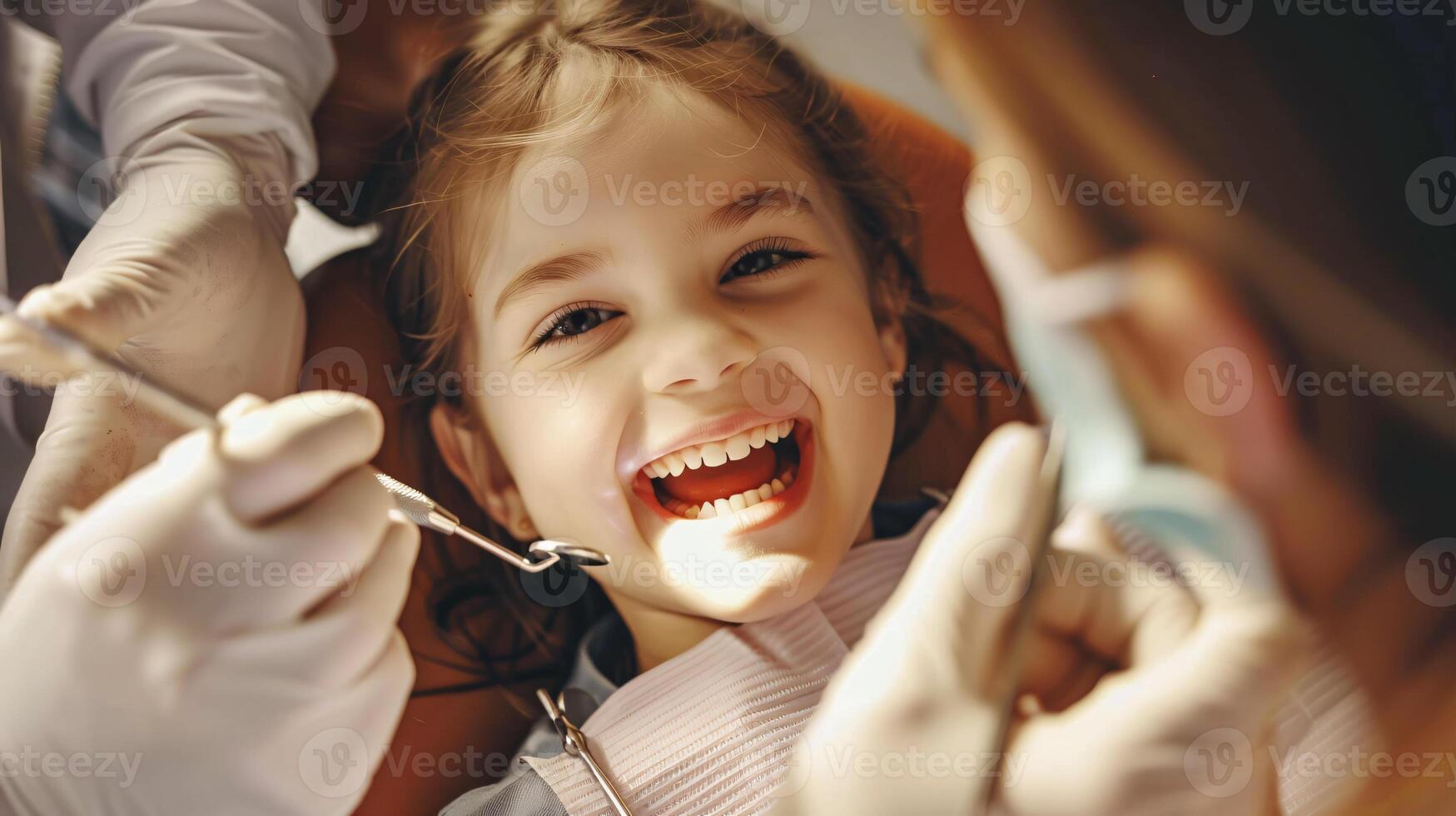 Child smiling wide, showing newly cleaned teeth to dentist after checkup in brightly lit dental office by aigenerative photo
