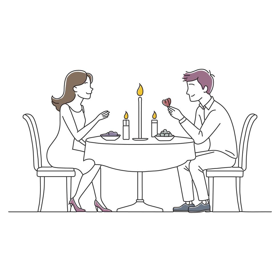Romantic illustration of a couple enjoying a candlelit dinner together, surrounded by a warm and inviting atmosphere doodle continuous line art illustration. vector