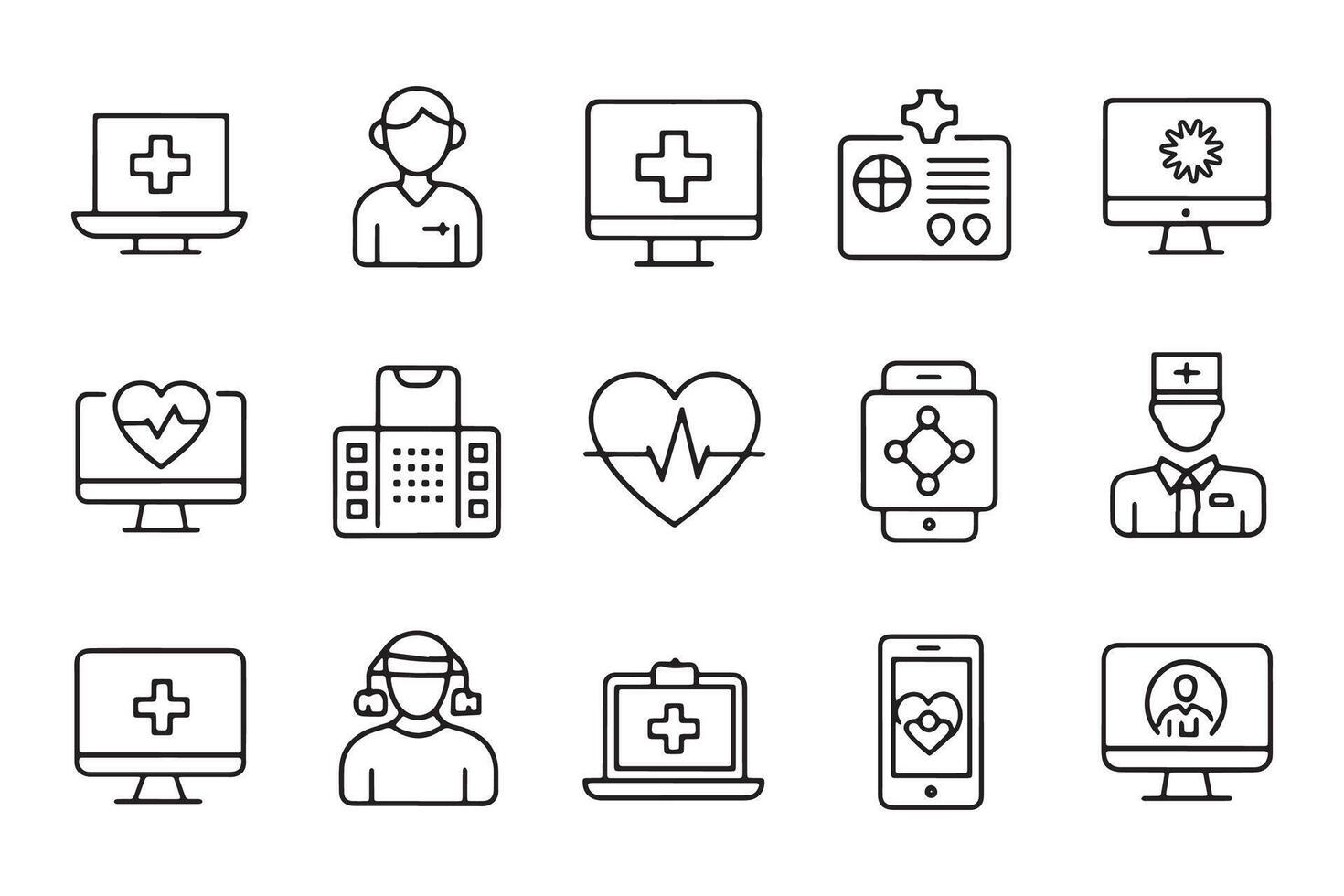 Digital healthcare and telemedicine related , black 15 pcs icons set isolated on white background flat illustration vector