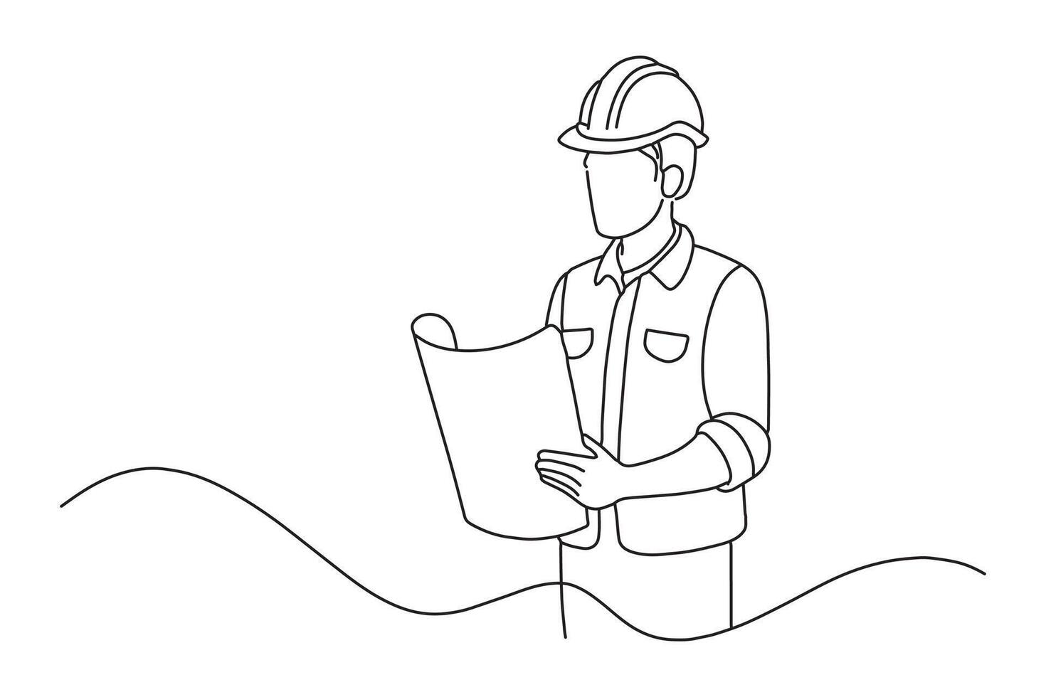 Engineer see project holding with paper One line continuous line art illustration on white background. vector