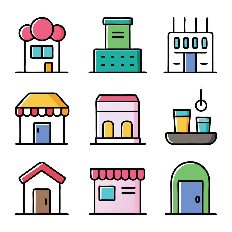 Shop building concept colorful linear icons. color offset line icons flat color outline sign collection set. vector