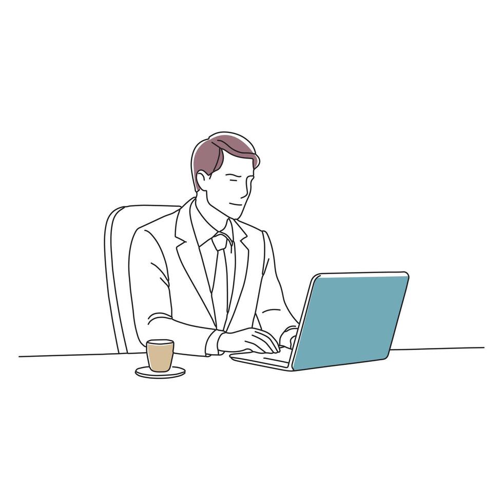 Businessman working in the office doodle continuous line art vetor illustration. vector