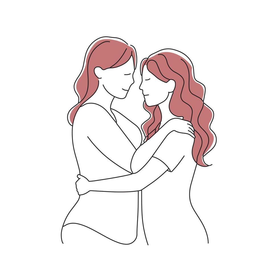 Two woman hugging doodle continuous line art illustration vector