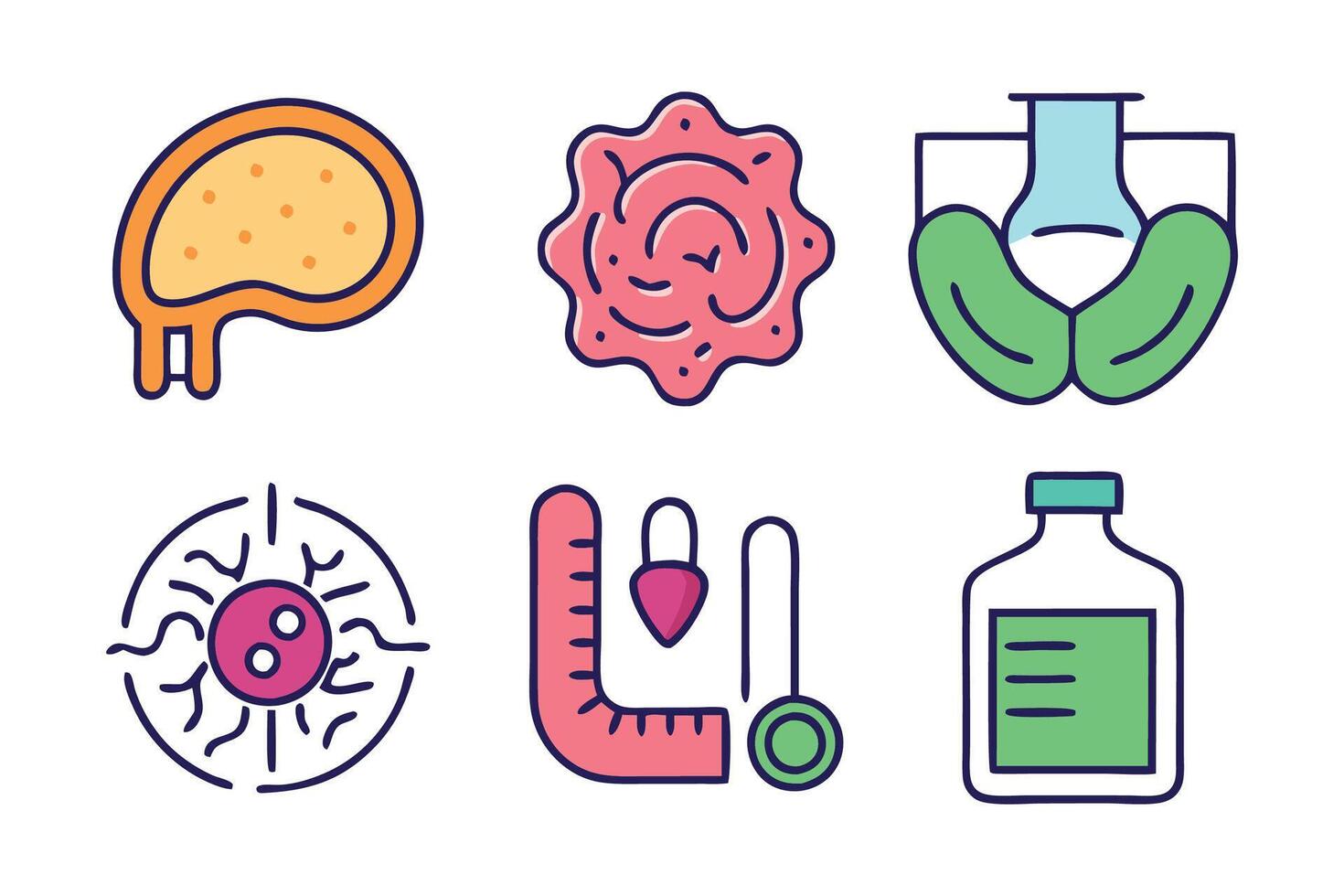 Digestion, intestine, stomach, and probiotics concept colorful linear icons. illustration set on white background vector
