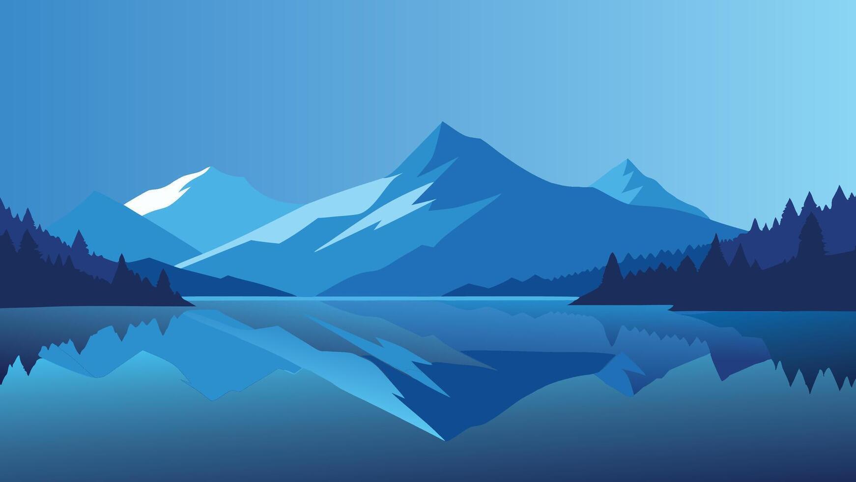 A serene lake reflecting majestic mountains under a clear blue sky, creating a picturesque natural landscape flat illustration vector
