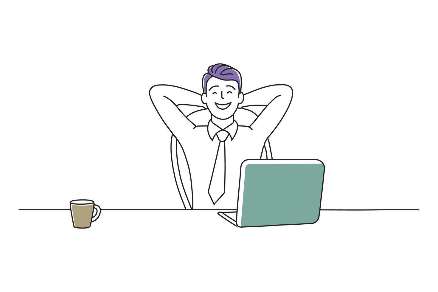 A time for relax. Young, happy businessman is relaxing in his office doodle continuous line art illustration on white background. vector