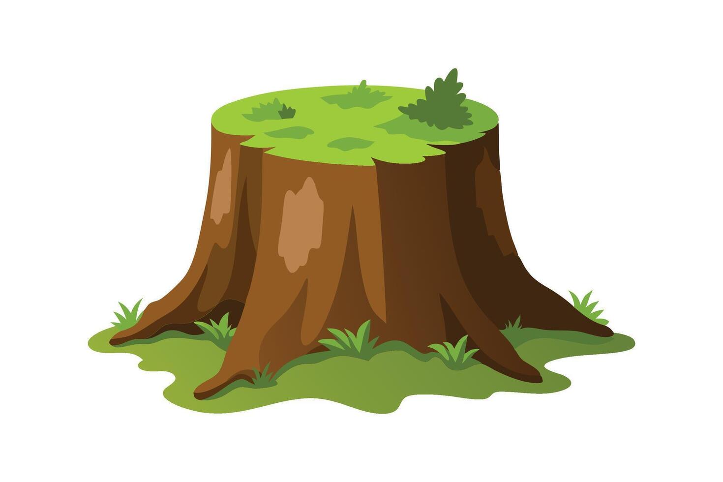 Moss covered old tree stump flat illustration on white background. vector