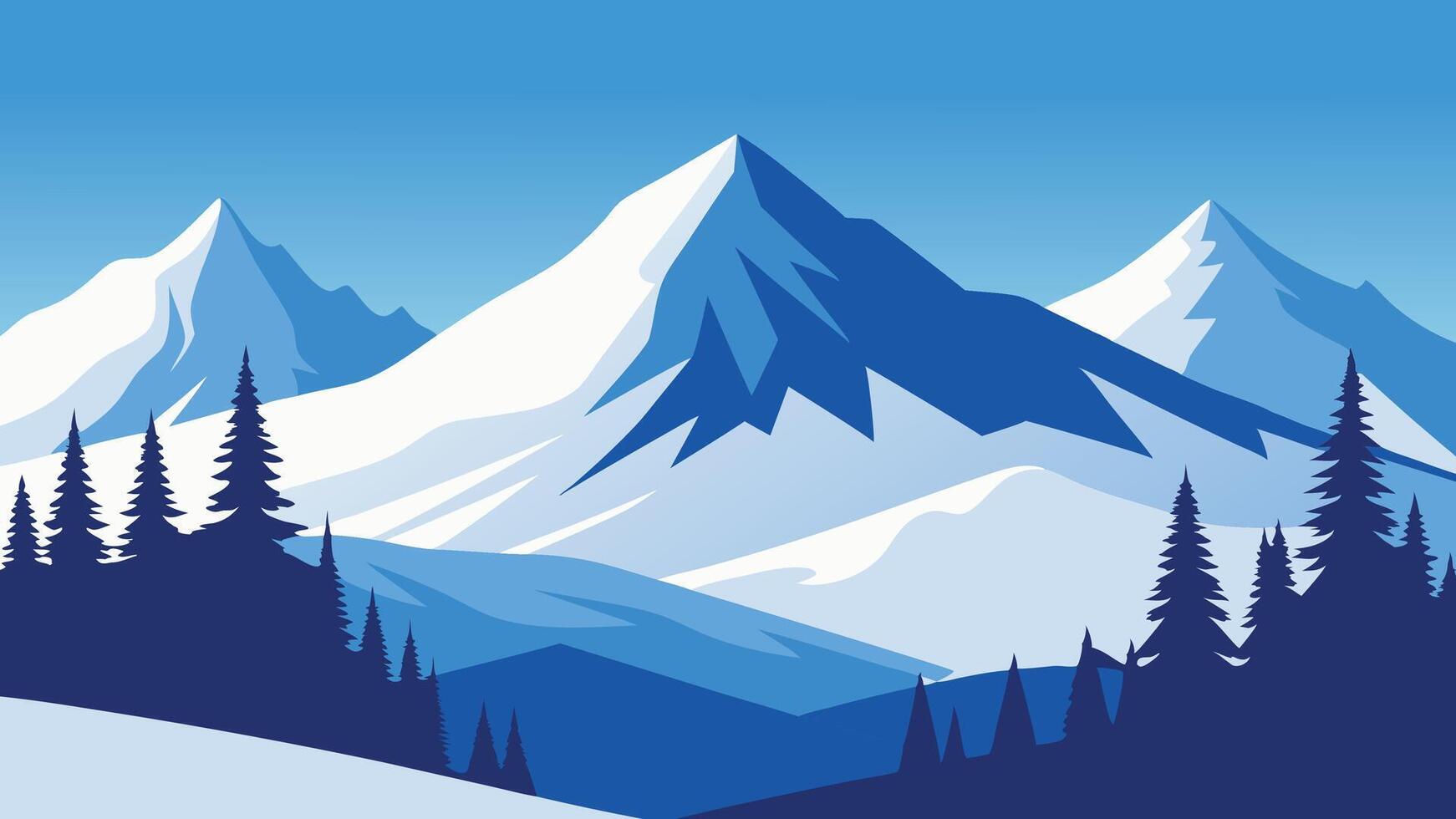 Snow-covered trees stand majestically in the mountains, creating a serene winter landscape under a clear blue sky flat illustration. vector
