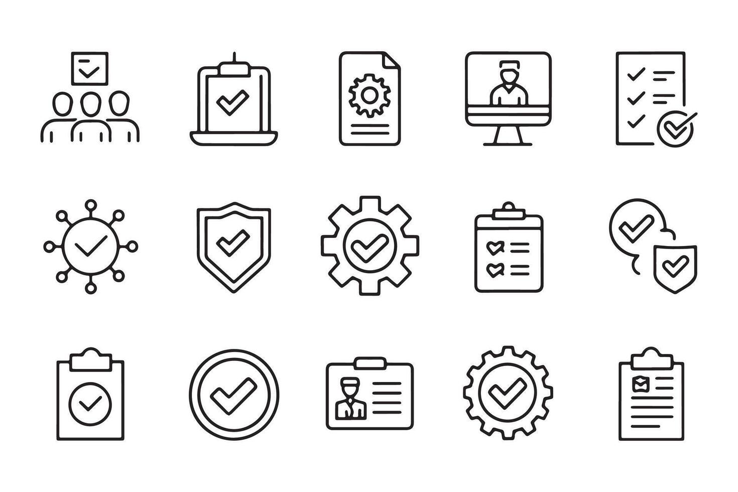 Quality assurance and control related , black 15 pcs icons set isolated on white background flat illustration. vector